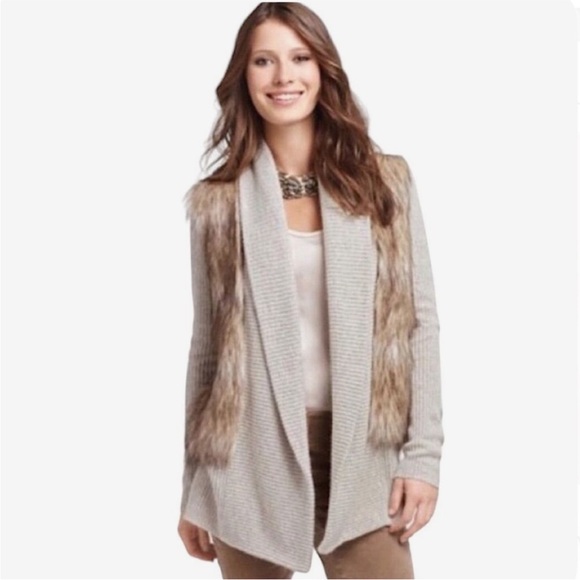 Ann Taylor Merino Wool Alpaca Faux Fur Beige Open Front Cardigan Sweater Size XS - Picture 1 of 3